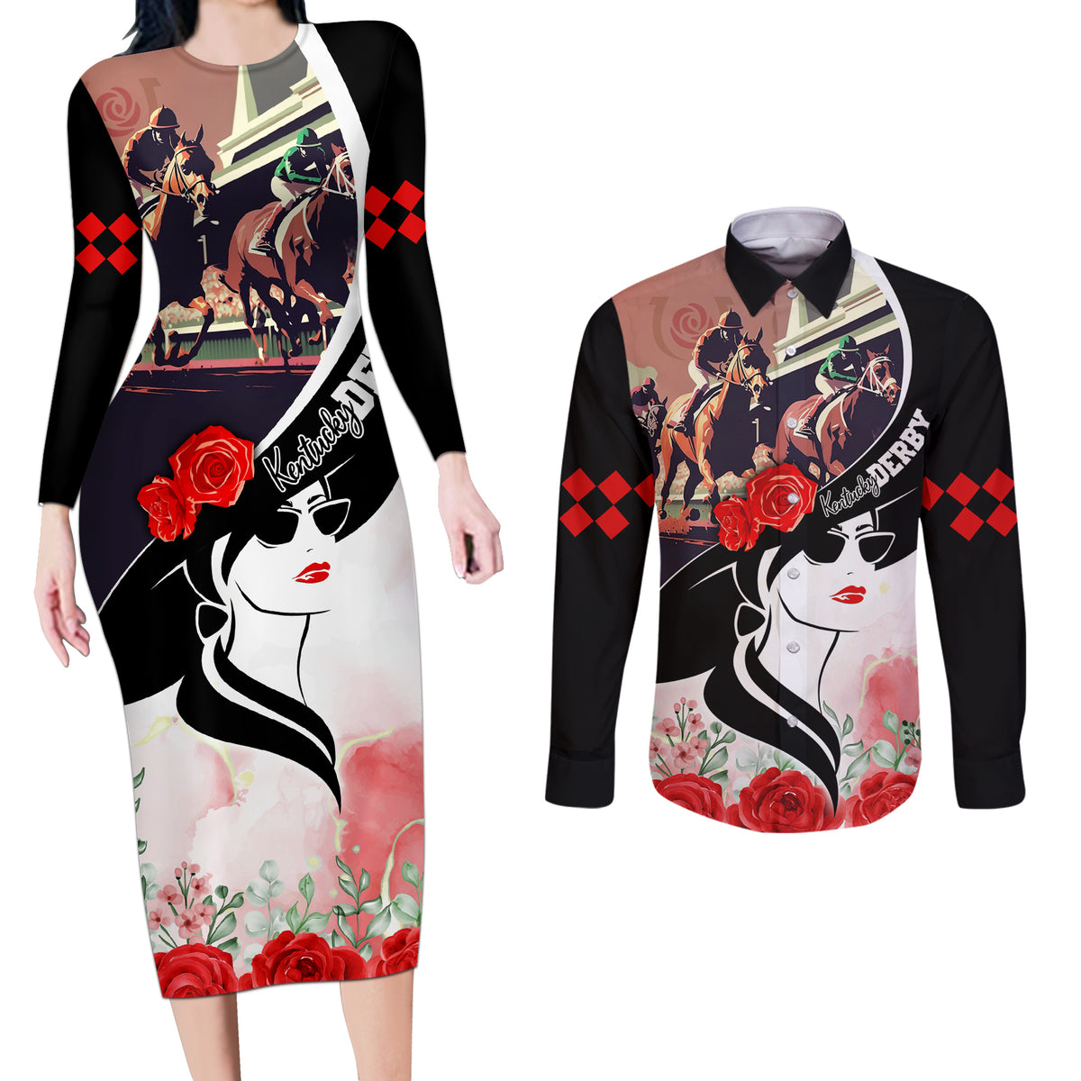 Kentucky Horse Racing Couples Matching Long Sleeve Bodycon Dress and Long Sleeve Button Shirt Derby Hat LT7 - Wonder Print Shop