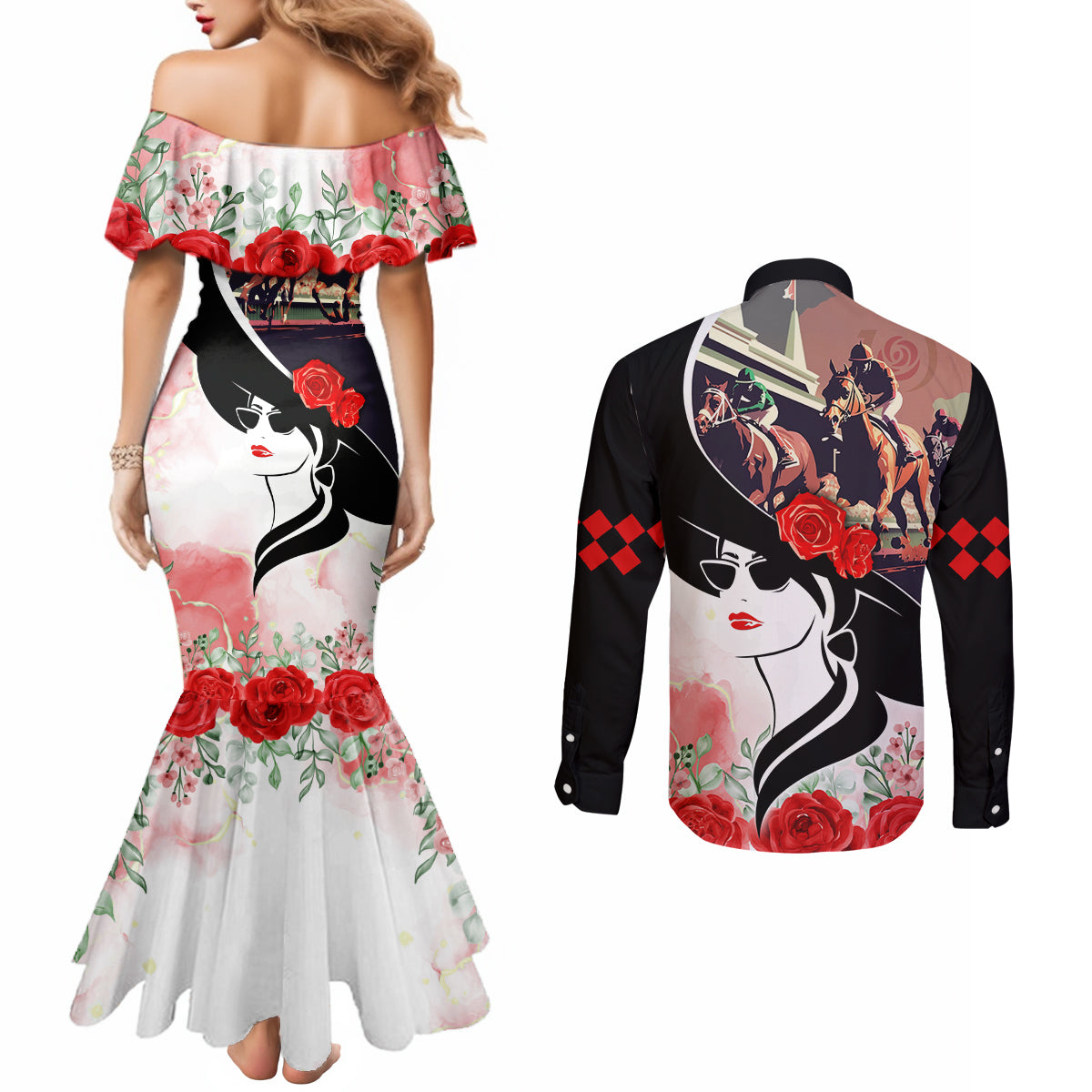 Kentucky Horse Racing Couples Matching Mermaid Dress and Long Sleeve Button Shirt Derby Hat