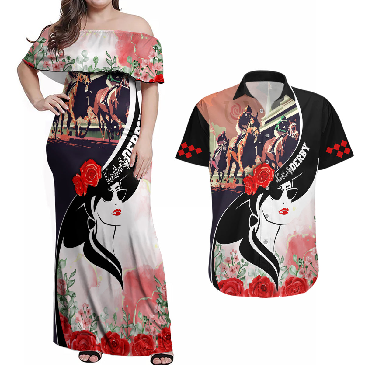 Kentucky Horse Racing Couples Matching Off Shoulder Maxi Dress and Hawaiian Shirt Derby Hat LT7 - Wonder Print Shop