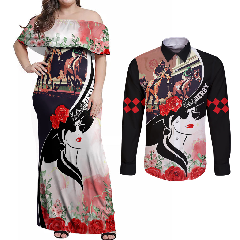 Kentucky Horse Racing Couples Matching Off Shoulder Maxi Dress and Long Sleeve Button Shirt Derby Hat LT7 - Wonder Print Shop