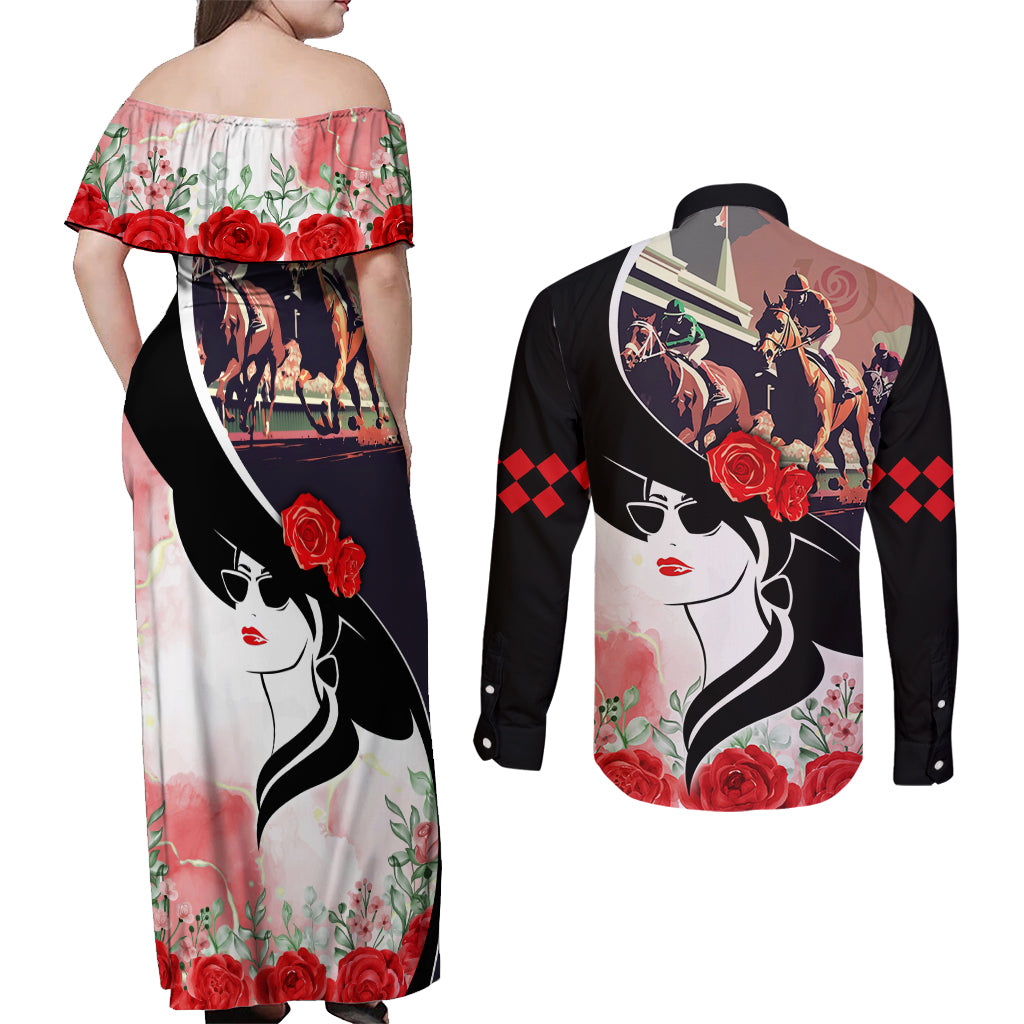 Kentucky Horse Racing Couples Matching Off Shoulder Maxi Dress and Long Sleeve Button Shirt Derby Hat LT7 - Wonder Print Shop