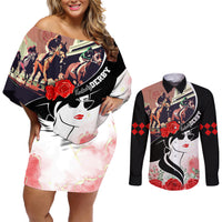 Kentucky Horse Racing Couples Matching Off Shoulder Short Dress and Long Sleeve Button Shirt Derby Hat LT7 - Wonder Print Shop