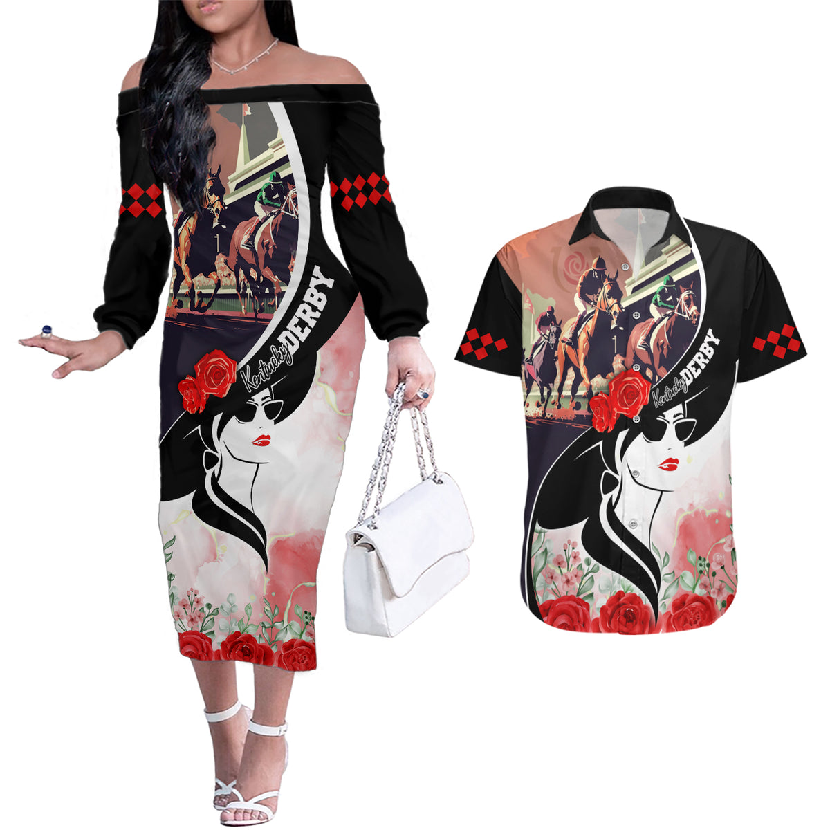 Kentucky Horse Racing Couples Matching Off The Shoulder Long Sleeve Dress and Hawaiian Shirt Derby Hat LT7 - Wonder Print Shop