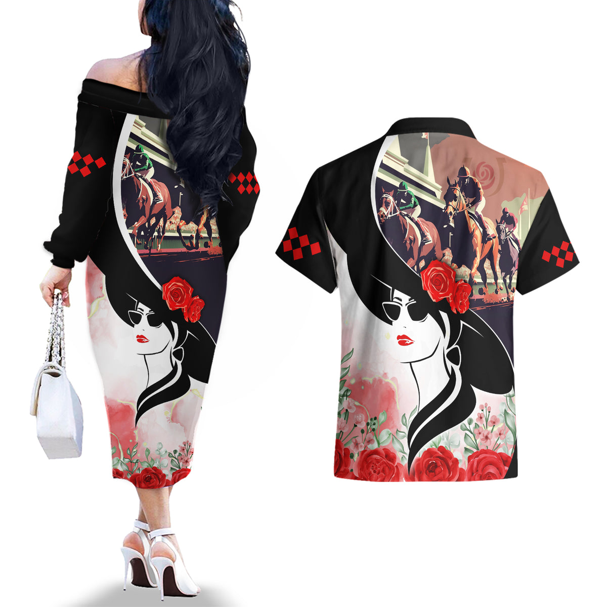 Kentucky Horse Racing Couples Matching Off The Shoulder Long Sleeve Dress and Hawaiian Shirt Derby Hat LT7 - Wonder Print Shop