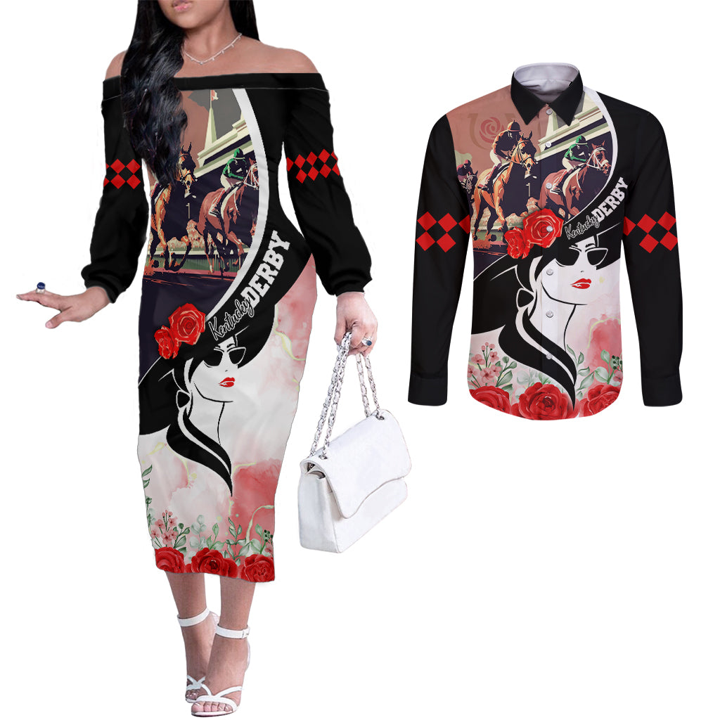 Kentucky Horse Racing Couples Matching Off The Shoulder Long Sleeve Dress and Long Sleeve Button Shirt Derby Hat