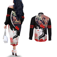 Kentucky Horse Racing Couples Matching Off The Shoulder Long Sleeve Dress and Long Sleeve Button Shirt Derby Hat