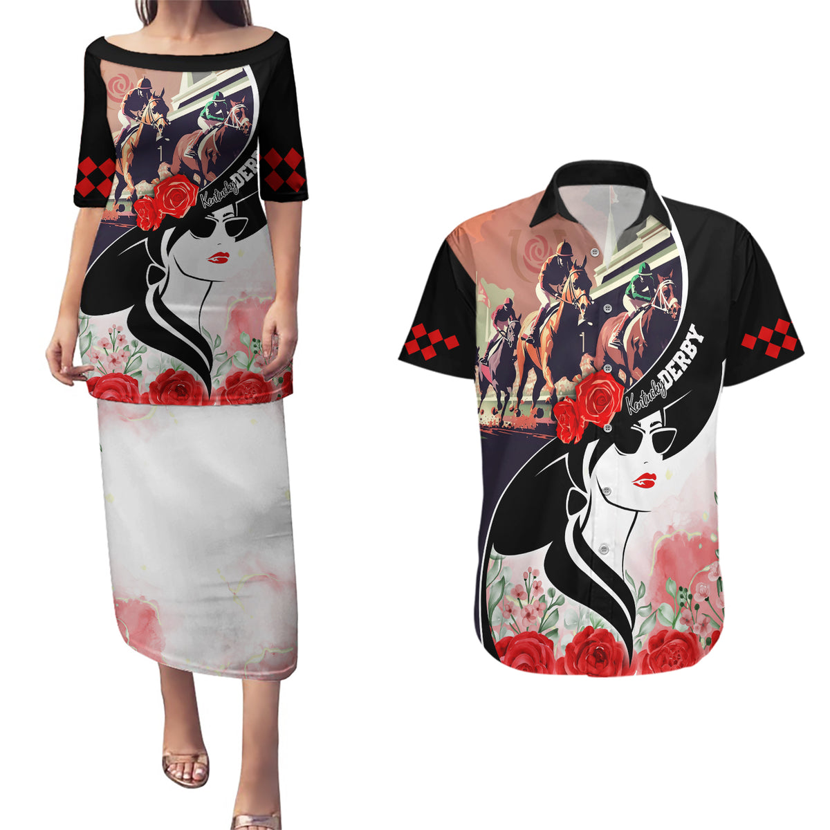 Kentucky Horse Racing Couples Matching Puletasi and Hawaiian Shirt Derby Hat LT7 - Wonder Print Shop