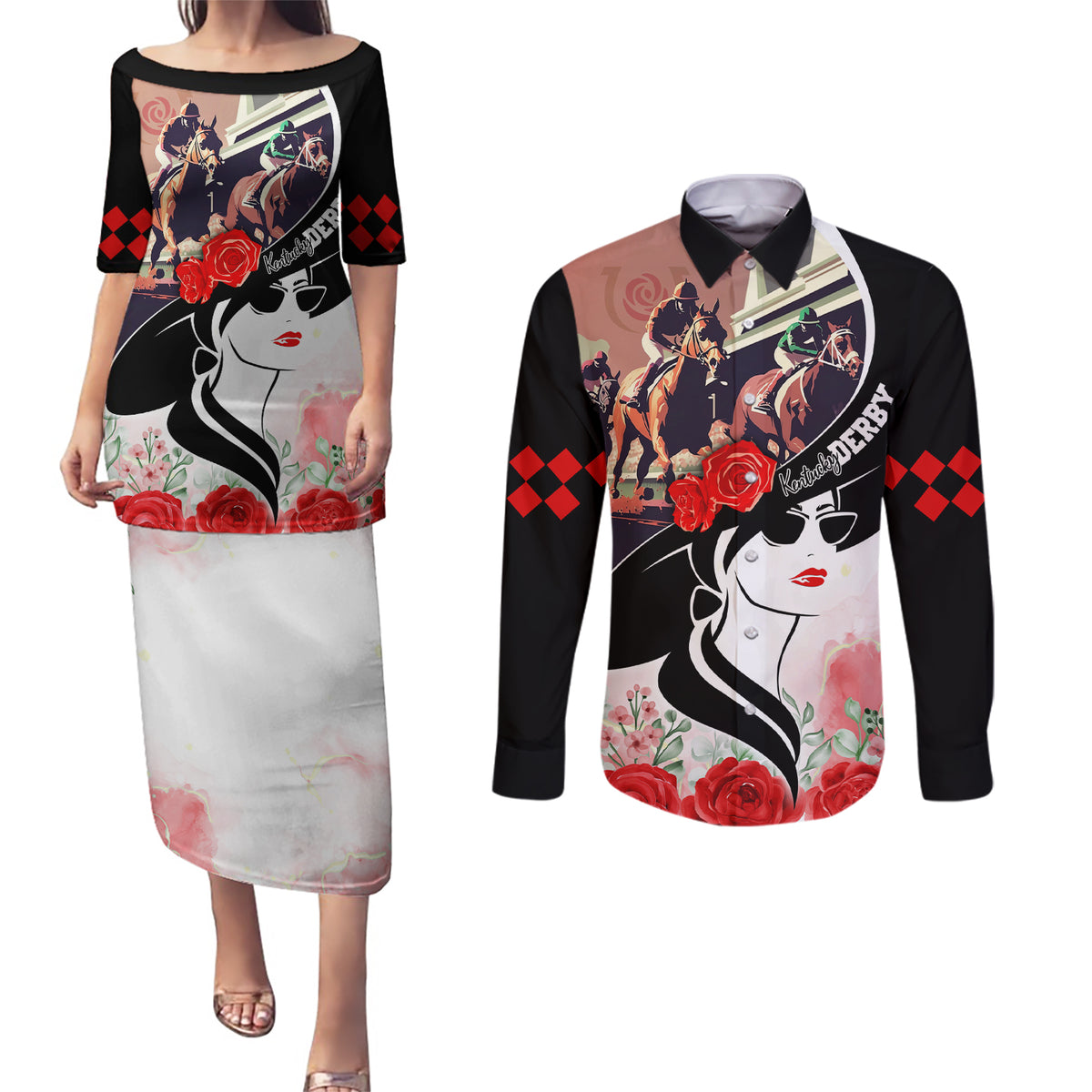 Kentucky Horse Racing Couples Matching Puletasi and Long Sleeve Button Shirt Derby Hat LT7 - Wonder Print Shop