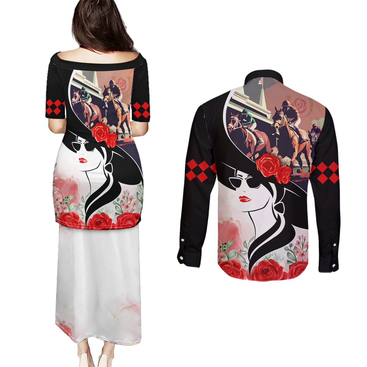 Kentucky Horse Racing Couples Matching Puletasi and Long Sleeve Button Shirt Derby Hat LT7 - Wonder Print Shop