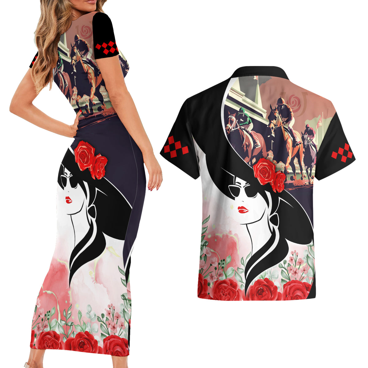 Kentucky Horse Racing Couples Matching Short Sleeve Bodycon Dress and Hawaiian Shirt Derby Hat LT7 - Wonder Print Shop