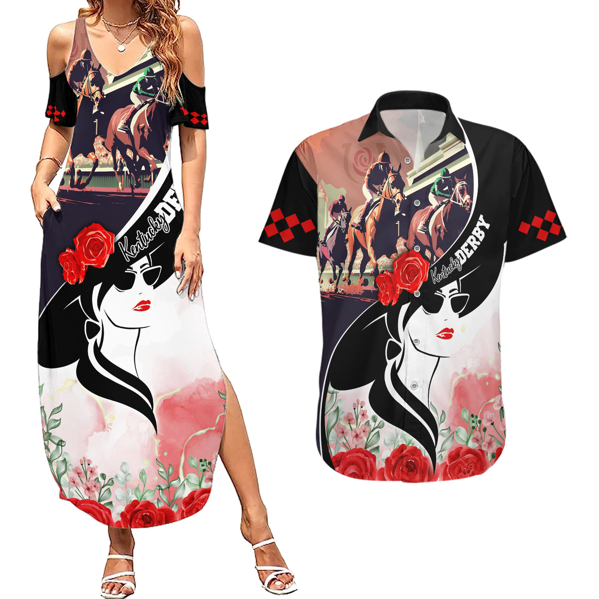Kentucky Horse Racing Couples Matching Summer Maxi Dress and Hawaiian Shirt Derby Hat LT7 - Wonder Print Shop