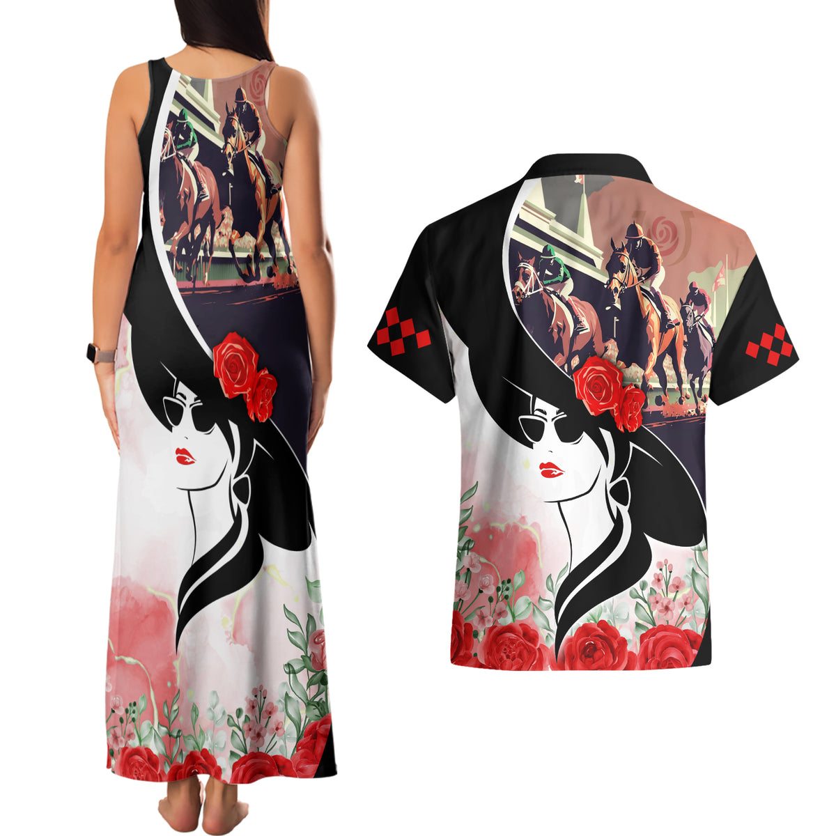 Kentucky Horse Racing Couples Matching Tank Maxi Dress and Hawaiian Shirt Derby Hat LT7 - Wonder Print Shop