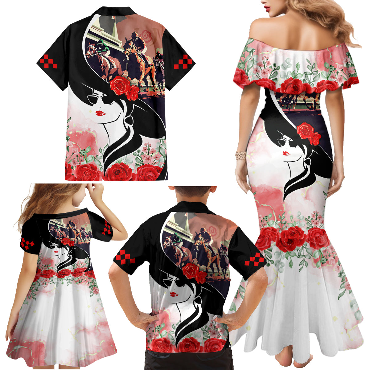 Kentucky Horse Racing Family Matching Mermaid Dress and Hawaiian Shirt Derby Hat LT7 - Wonder Print Shop