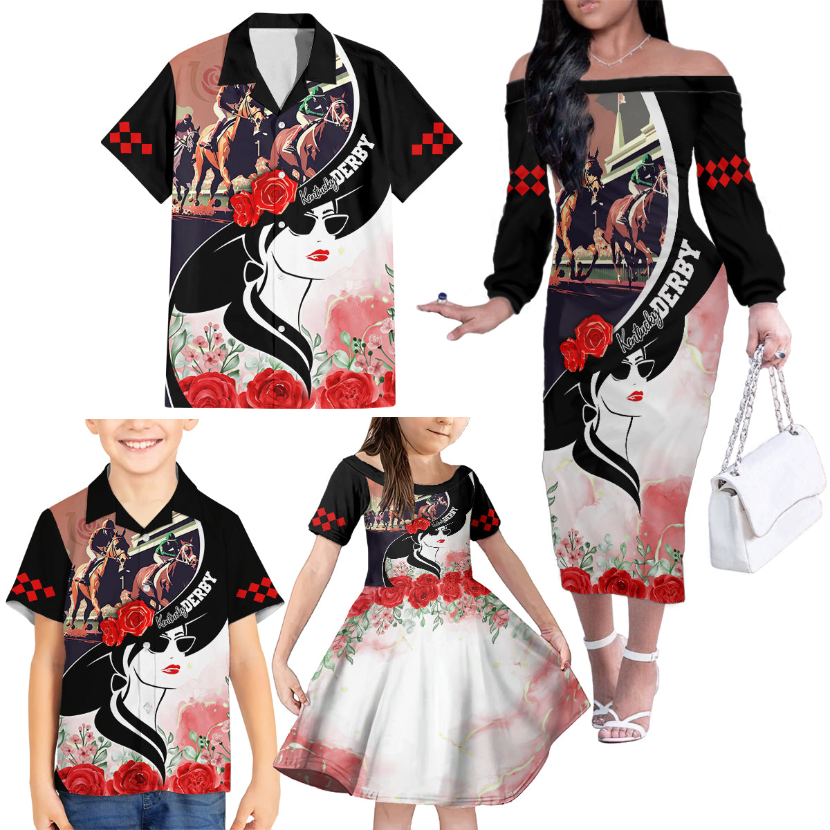 Kentucky Horse Racing Family Matching Off Shoulder Long Sleeve Dress and Hawaiian Shirt Derby Hat - Wonder Print Shop