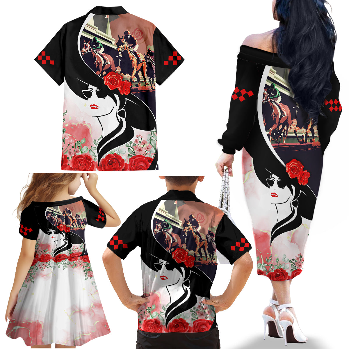 Kentucky Horse Racing Family Matching Off Shoulder Long Sleeve Dress and Hawaiian Shirt Derby Hat - Wonder Print Shop