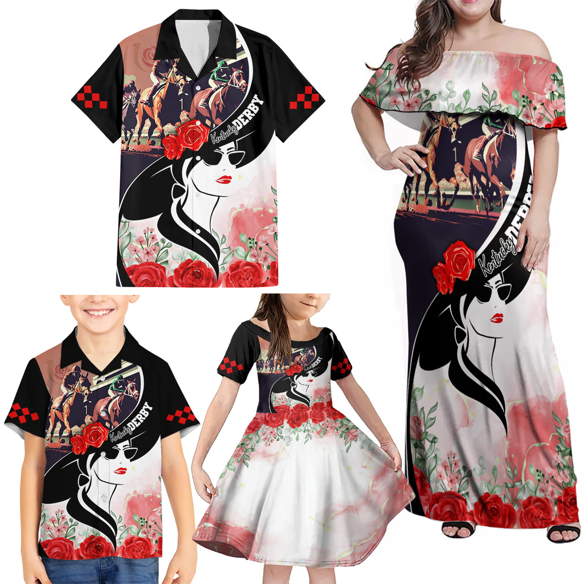 Kentucky Horse Racing Family Matching Off Shoulder Maxi Dress and Hawaiian Shirt Derby Hat LT7 - Wonder Print Shop