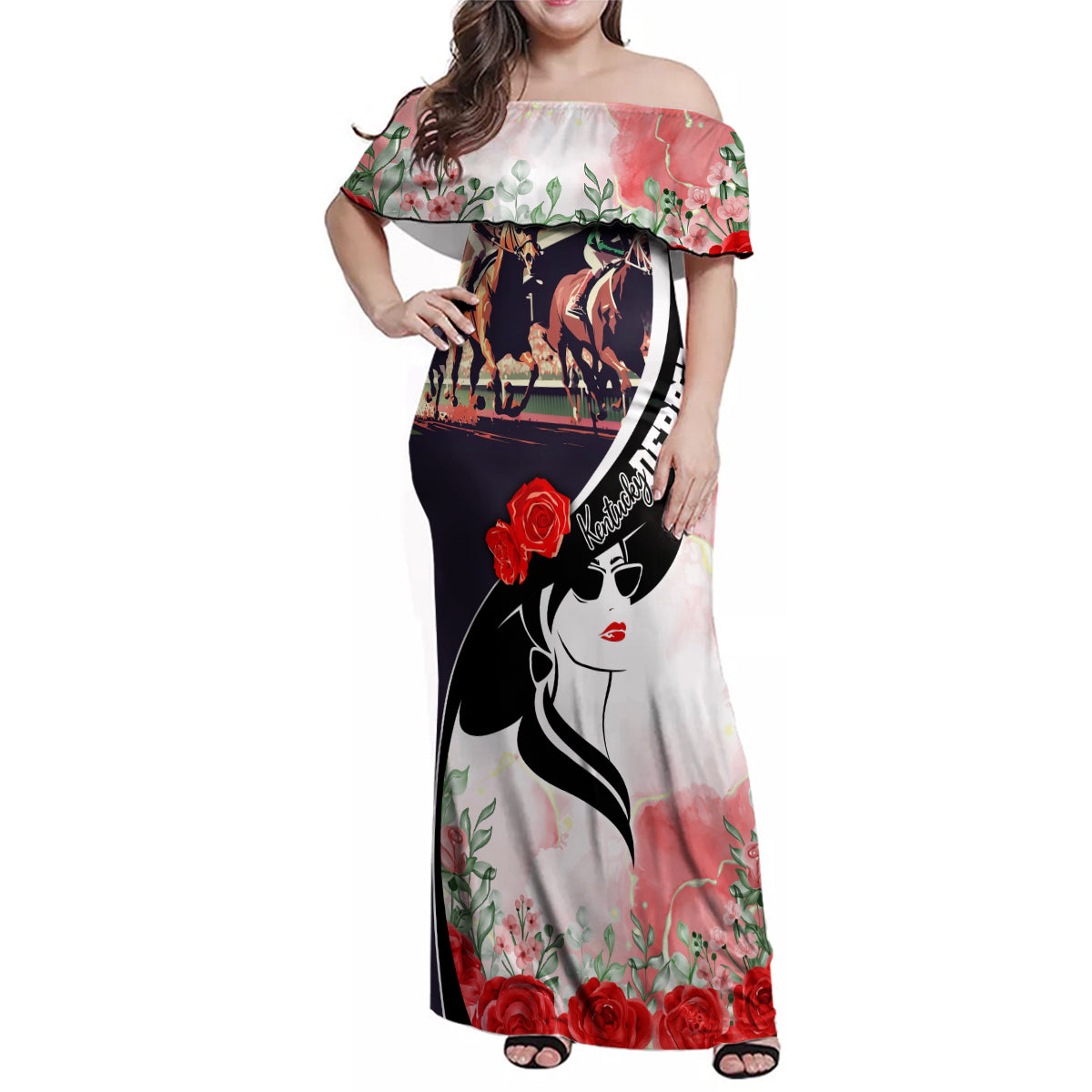 Kentucky Horse Racing Family Matching Off Shoulder Maxi Dress and Hawaiian Shirt Derby Hat LT7 - Wonder Print Shop