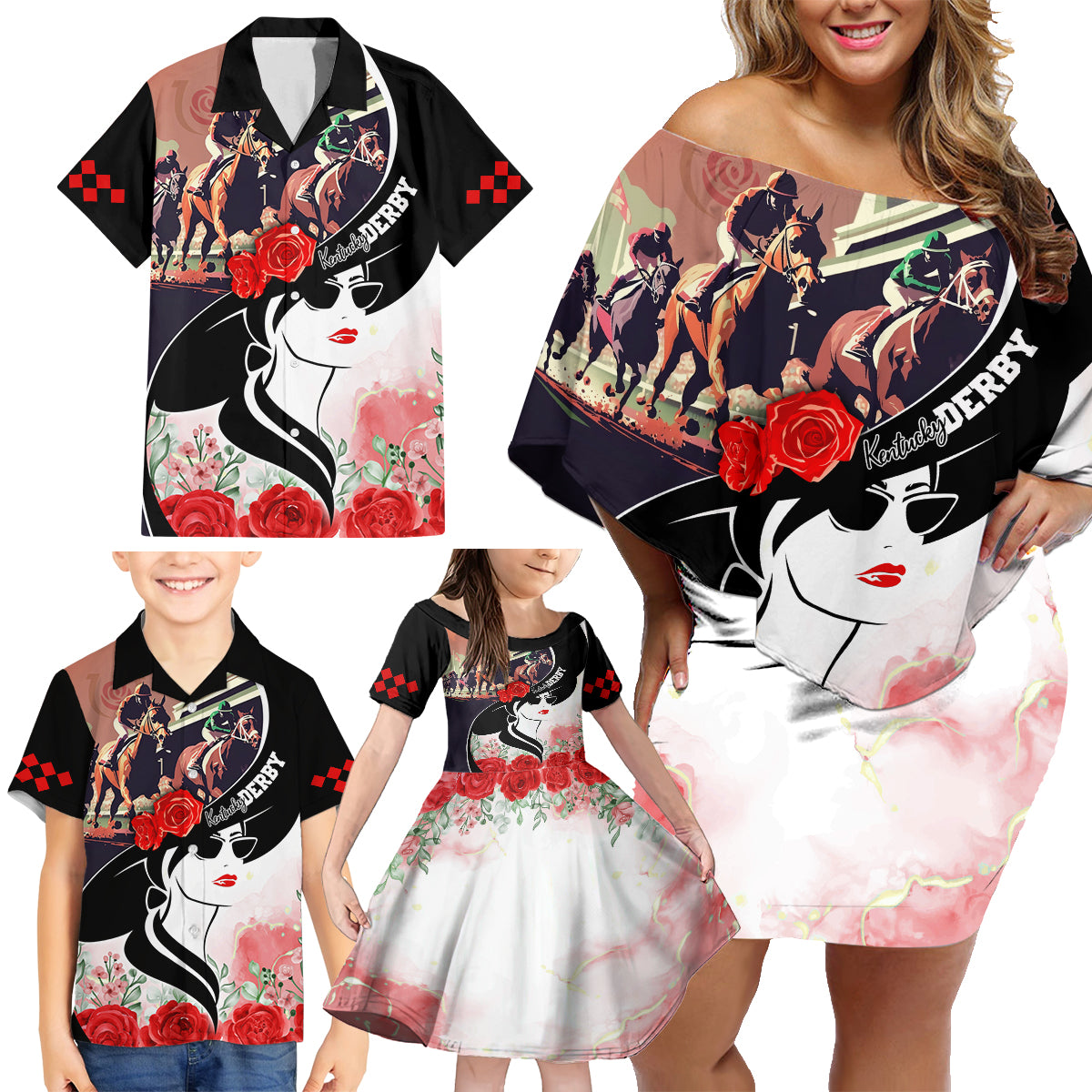 Kentucky Horse Racing Family Matching Off Shoulder Short Dress and Hawaiian Shirt Derby Hat LT7 - Wonder Print Shop