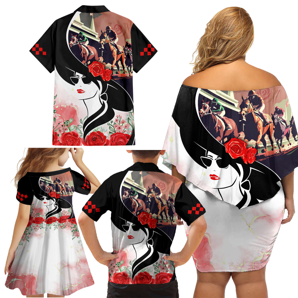 Kentucky Horse Racing Family Matching Off Shoulder Short Dress and Hawaiian Shirt Derby Hat LT7 - Wonder Print Shop