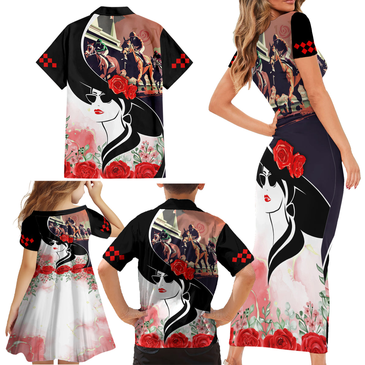 Kentucky Horse Racing Family Matching Short Sleeve Bodycon Dress and Hawaiian Shirt Derby Hat - Wonder Print Shop