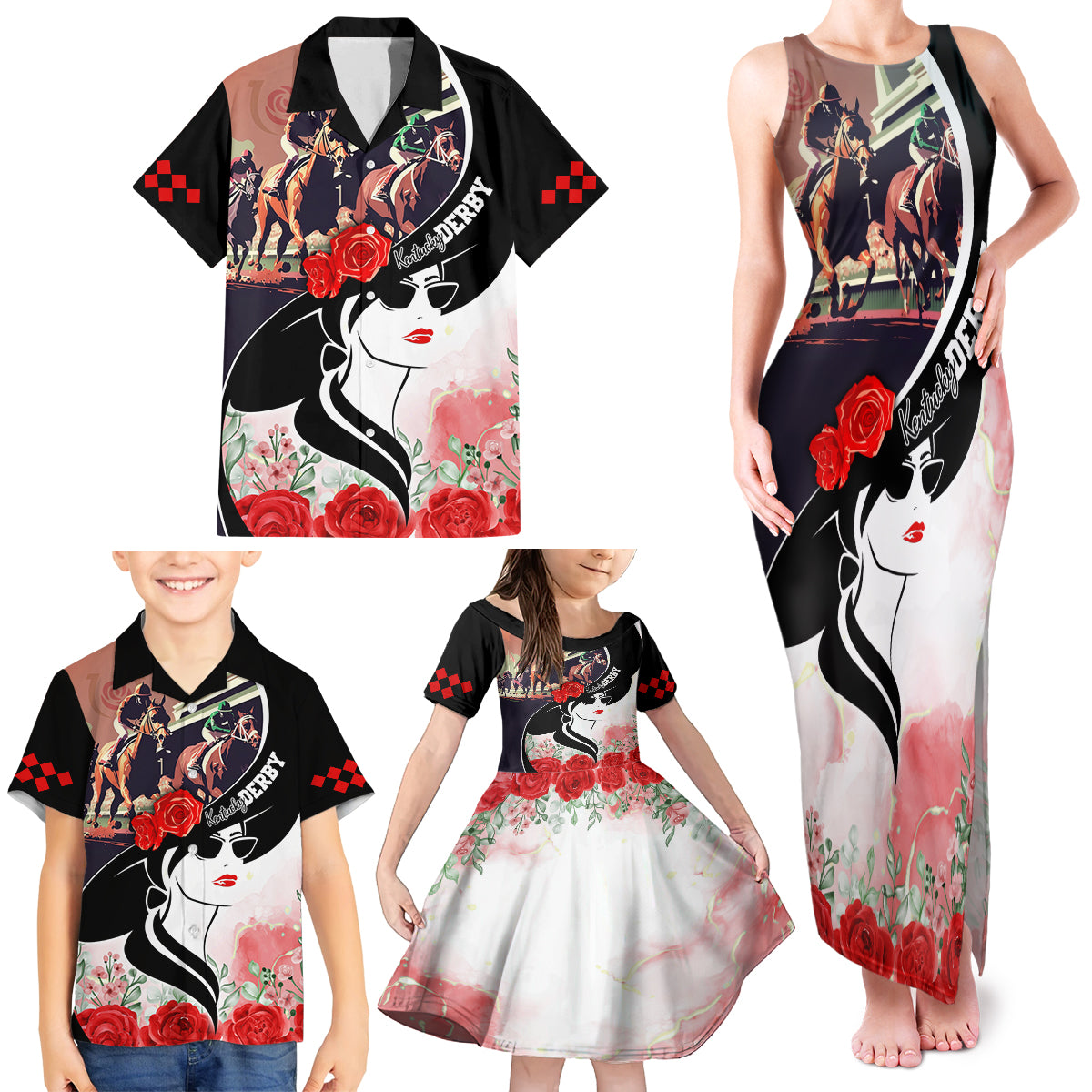Kentucky Horse Racing Family Matching Tank Maxi Dress and Hawaiian Shirt Derby Hat - Wonder Print Shop
