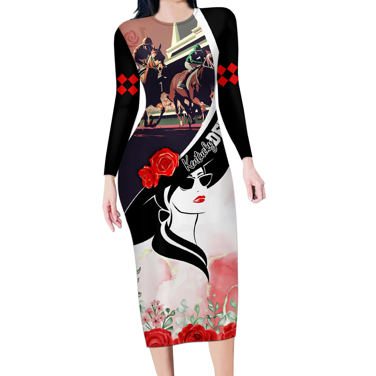 Kentucky Horse Racing Long Sleeve Bodycon Dress Derby Hat - Wonder Print Shop