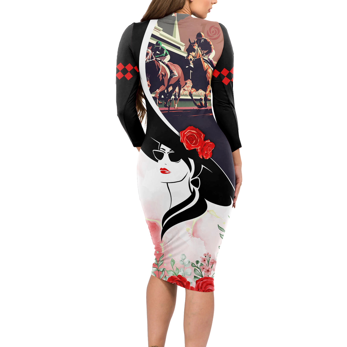 Kentucky Horse Racing Long Sleeve Bodycon Dress Derby Hat - Wonder Print Shop