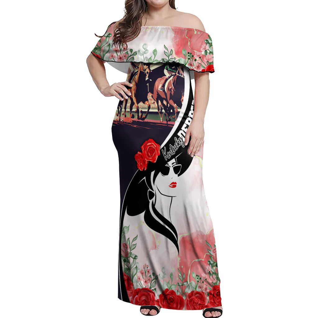 Kentucky Horse Racing Off Shoulder Maxi Dress Derby Hat - Wonder Print Shop