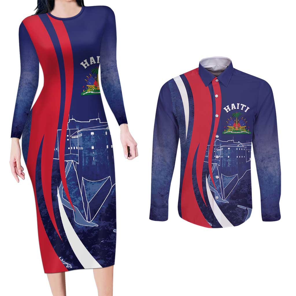 Personalized Haiti Citadelle Laferrière Couples Matching Long Sleeve Bodycon Dress and Long Sleeve Button Shirt Grunge Style