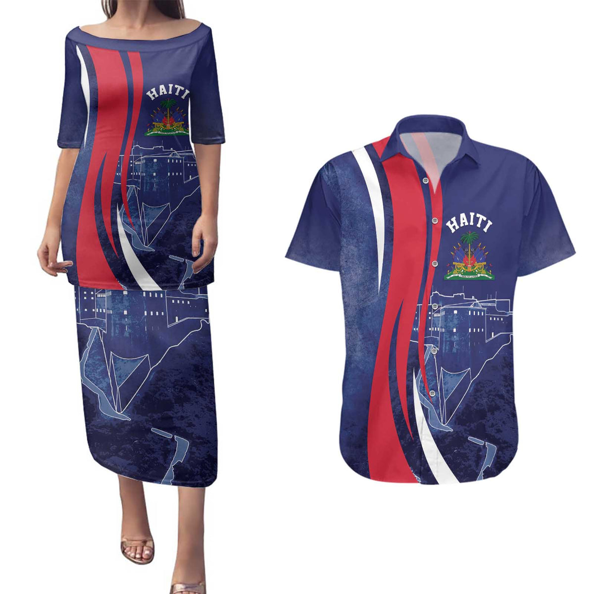 Personalized Haiti Citadelle Laferrière Couples Matching Puletasi and Hawaiian Shirt Grunge Style