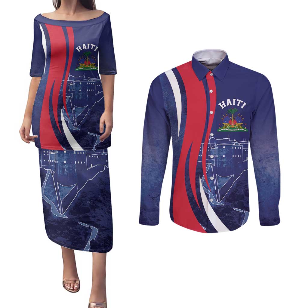 Personalized Haiti Citadelle Laferrière Couples Matching Puletasi and Long Sleeve Button Shirt Grunge Style