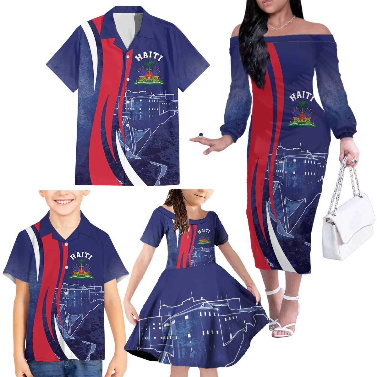 Personalized Haiti Citadelle Laferrière Family Matching Off The Shoulder Long Sleeve Dress and Hawaiian Shirt Grunge Style