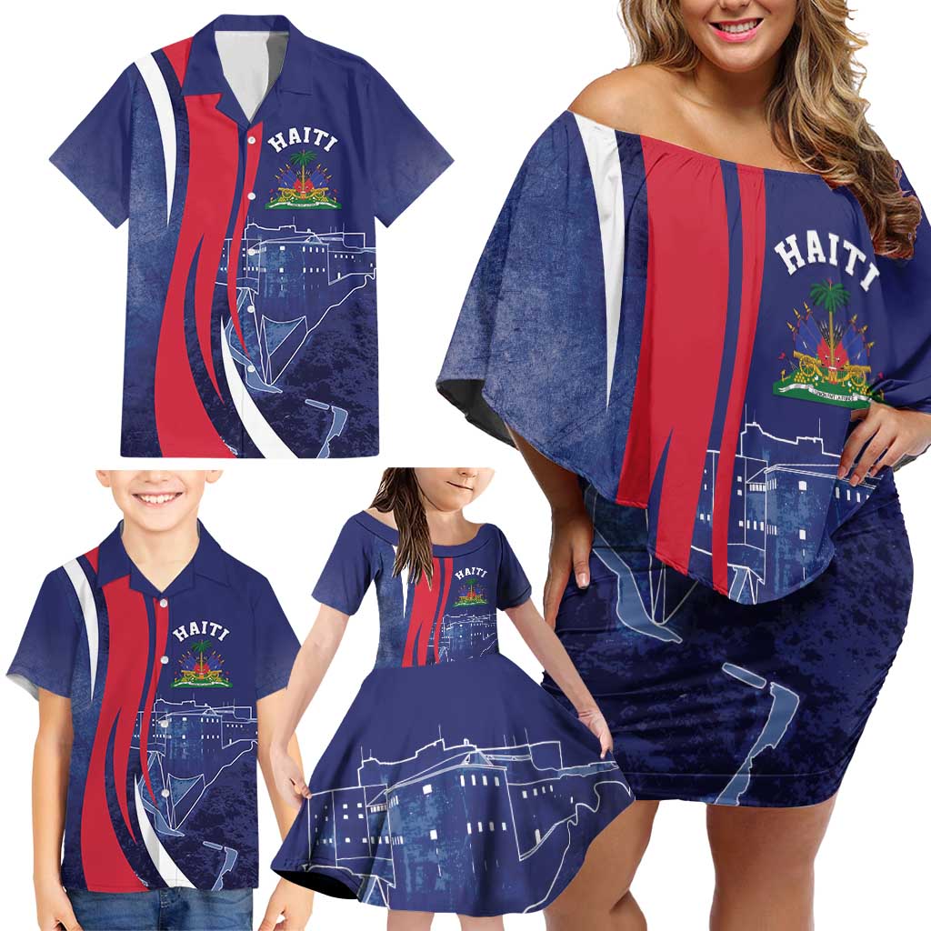 Personalized Haiti Citadelle Laferrière Family Matching Off Shoulder Short Dress and Hawaiian Shirt Grunge Style