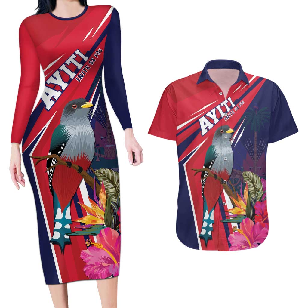 Haiti Personalized Couples Matching Long Sleeve Bodycon Dress and Hawaiian Shirt Hispaniolan Trogon Tropical Vibes
