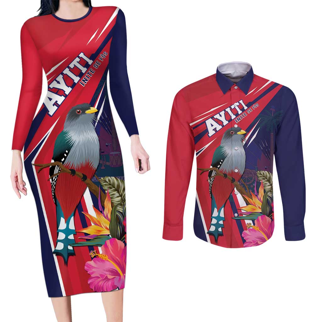 Haiti Personalized Couples Matching Long Sleeve Bodycon Dress and Long Sleeve Button Shirt Hispaniolan Trogon Tropical Vibes