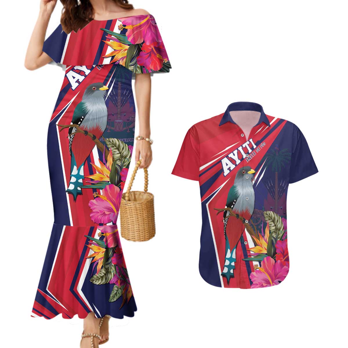 Haiti Personalized Couples Matching Mermaid Dress and Hawaiian Shirt Hispaniolan Trogon Tropical Vibes