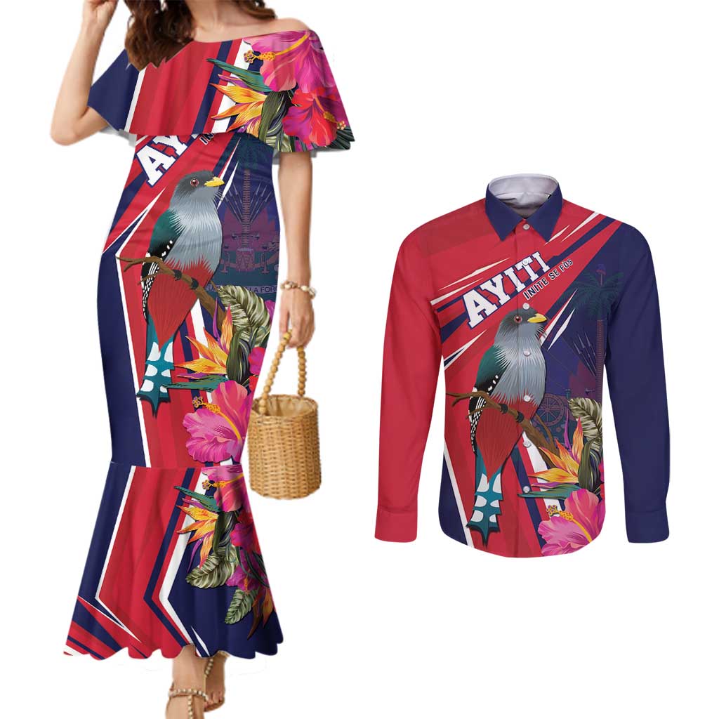 Haiti Personalized Couples Matching Mermaid Dress and Long Sleeve Button Shirt Hispaniolan Trogon Tropical Vibes