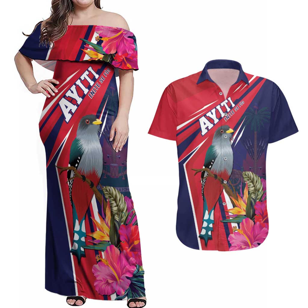 Haiti Personalized Couples Matching Off Shoulder Maxi Dress and Hawaiian Shirt Hispaniolan Trogon Tropical Vibes
