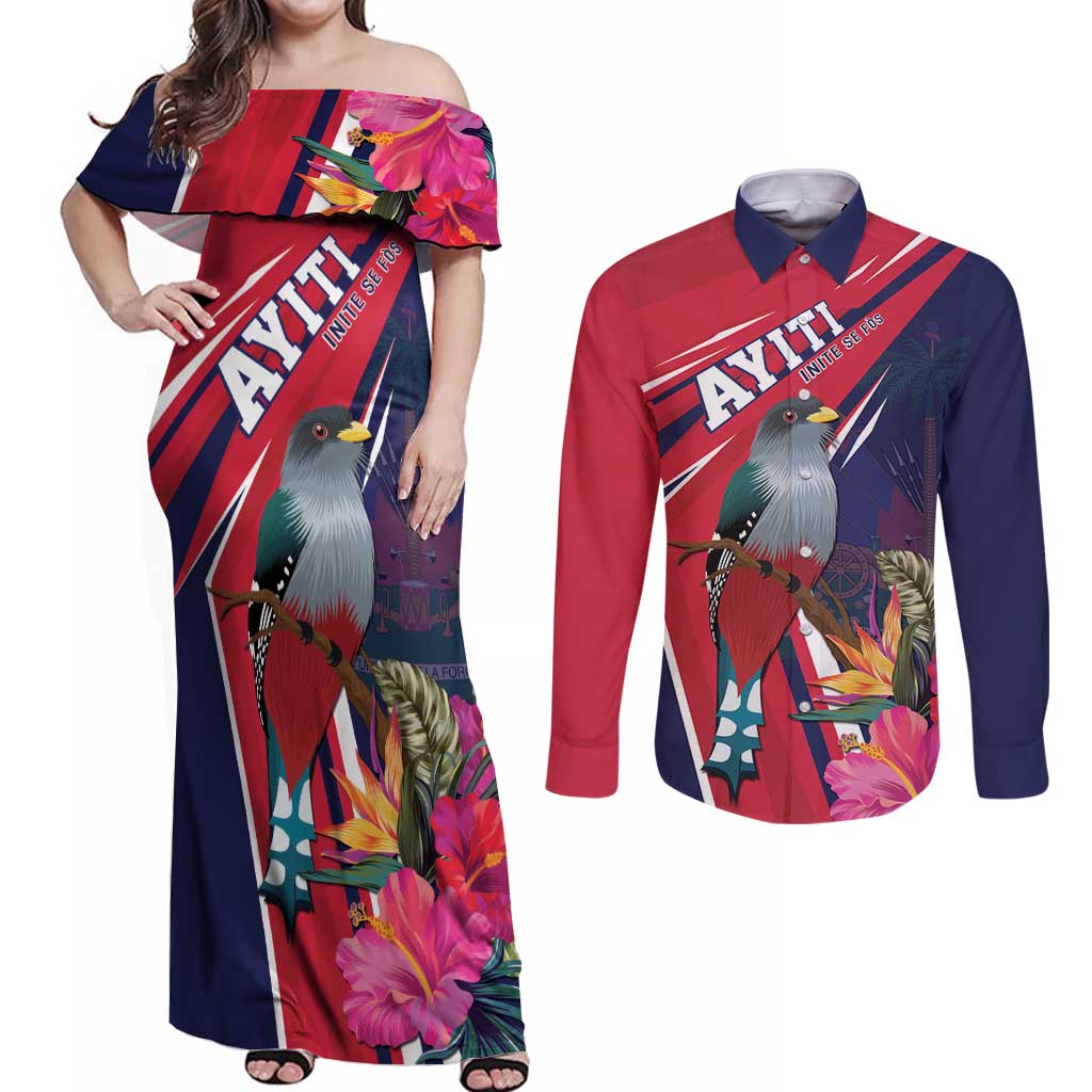 Haiti Personalized Couples Matching Off Shoulder Maxi Dress and Long Sleeve Button Shirt Hispaniolan Trogon Tropical Vibes