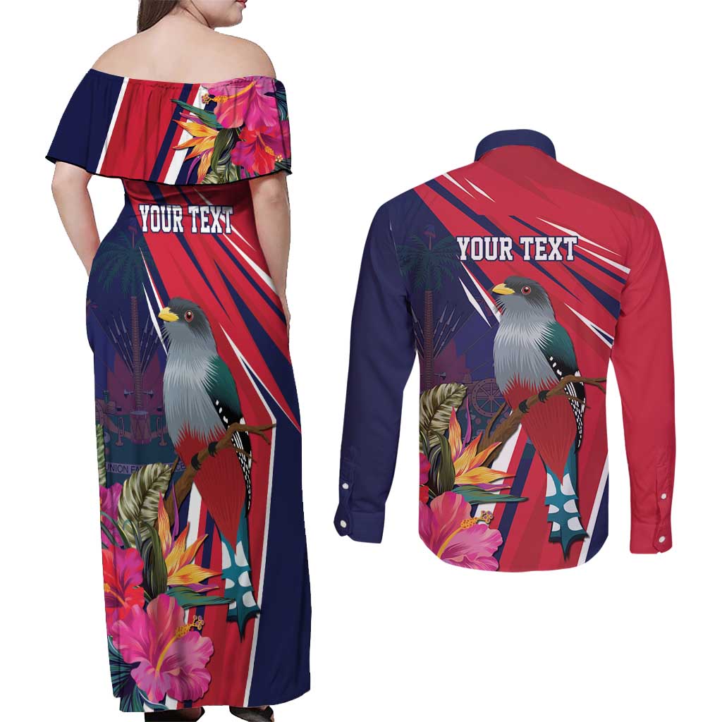 Haiti Personalized Couples Matching Off Shoulder Maxi Dress and Long Sleeve Button Shirt Hispaniolan Trogon Tropical Vibes
