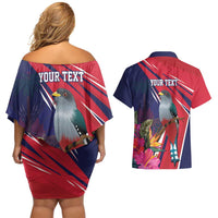 Haiti Personalized Couples Matching Off Shoulder Short Dress and Hawaiian Shirt Hispaniolan Trogon Tropical Vibes