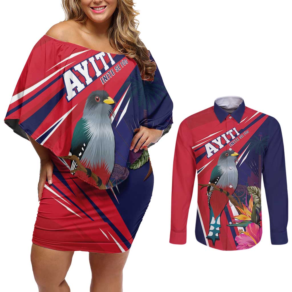 Haiti Personalized Couples Matching Off Shoulder Short Dress and Long Sleeve Button Shirt Hispaniolan Trogon Tropical Vibes