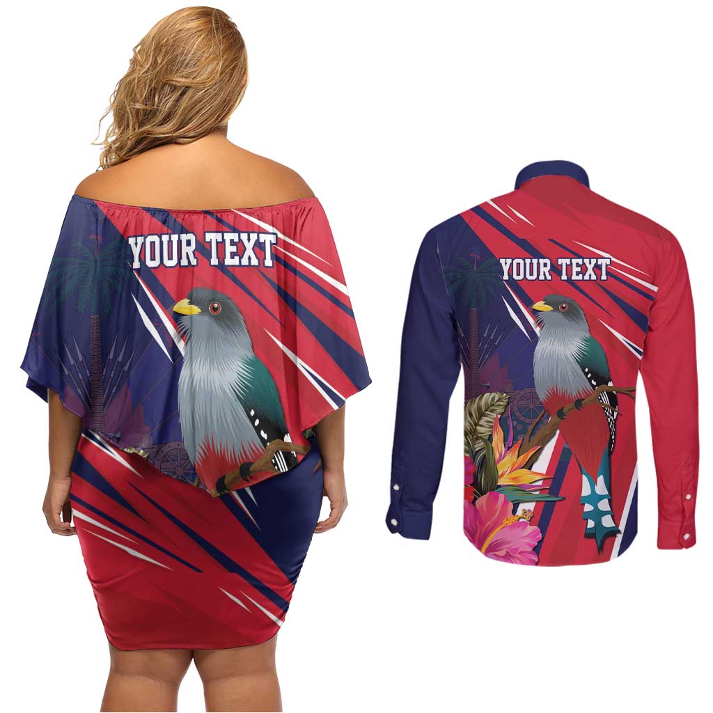 Haiti Personalized Couples Matching Off Shoulder Short Dress and Long Sleeve Button Shirt Hispaniolan Trogon Tropical Vibes