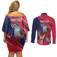 Haiti Personalized Couples Matching Off Shoulder Short Dress and Long Sleeve Button Shirt Hispaniolan Trogon Tropical Vibes