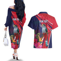 Haiti Personalized Couples Matching Off The Shoulder Long Sleeve Dress and Hawaiian Shirt Hispaniolan Trogon Tropical Vibes