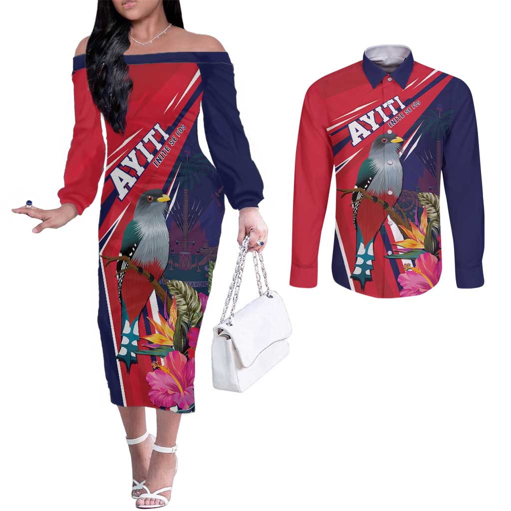 Haiti Personalized Couples Matching Off The Shoulder Long Sleeve Dress and Long Sleeve Button Shirt Hispaniolan Trogon Tropical Vibes