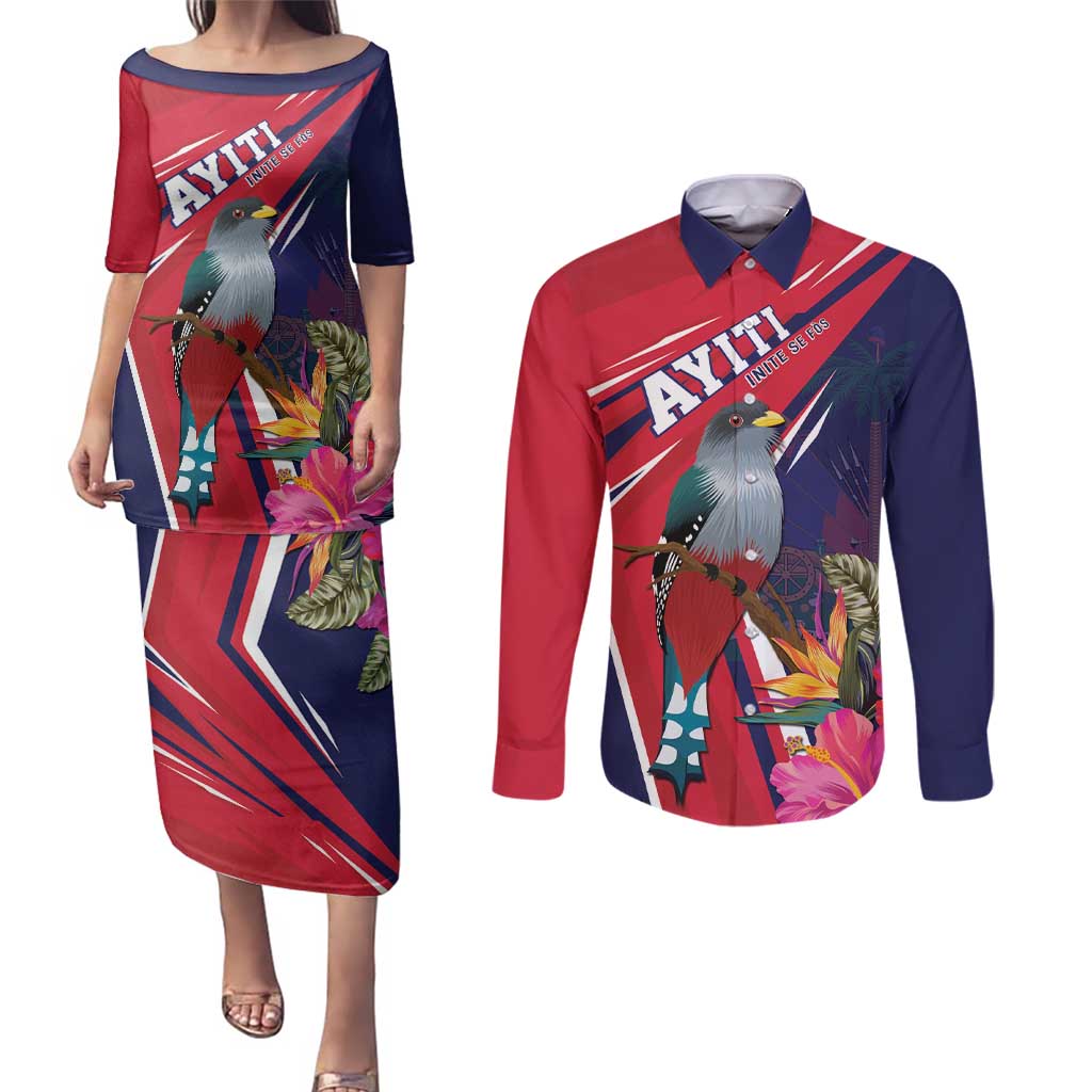 Haiti Personalized Couples Matching Puletasi and Long Sleeve Button Shirt Hispaniolan Trogon Tropical Vibes