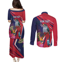 Haiti Personalized Couples Matching Puletasi and Long Sleeve Button Shirt Hispaniolan Trogon Tropical Vibes