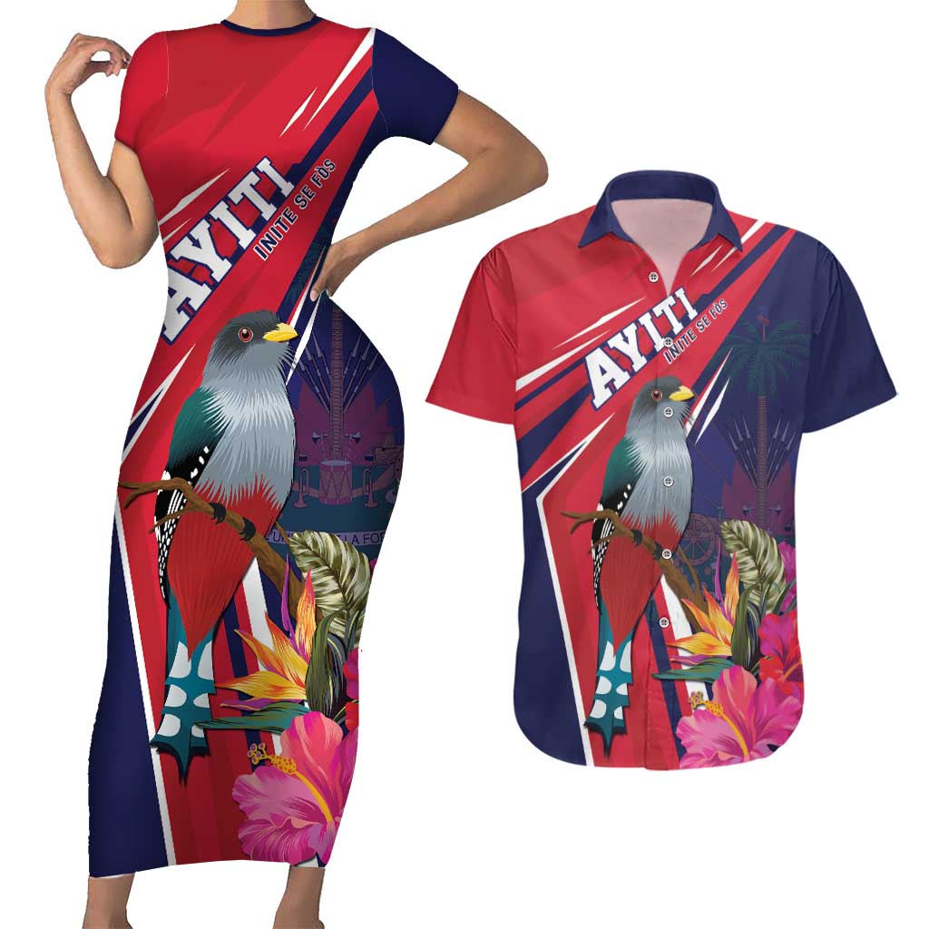 Haiti Personalized Couples Matching Short Sleeve Bodycon Dress and Hawaiian Shirt Hispaniolan Trogon Tropical Vibes