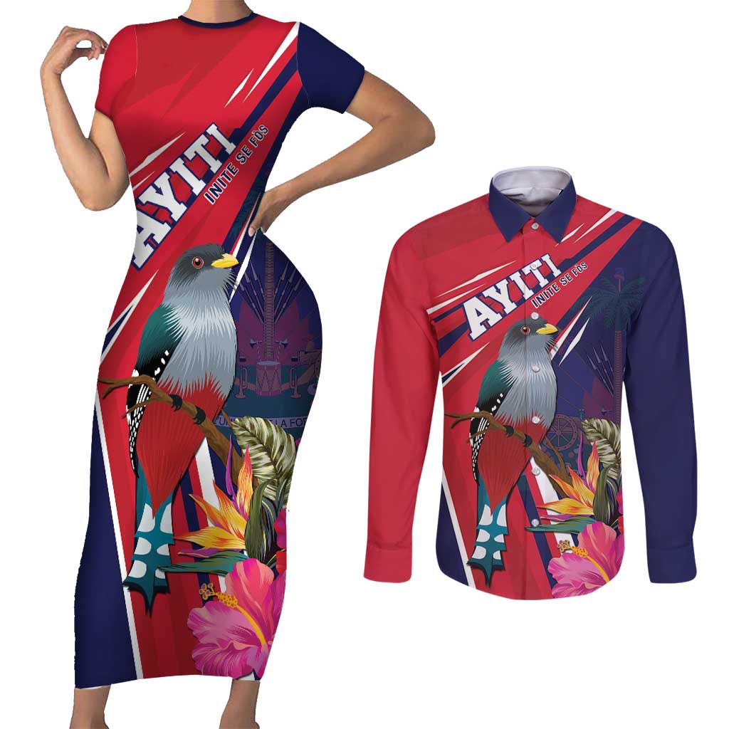 Haiti Personalized Couples Matching Short Sleeve Bodycon Dress and Long Sleeve Button Shirt Hispaniolan Trogon Tropical Vibes